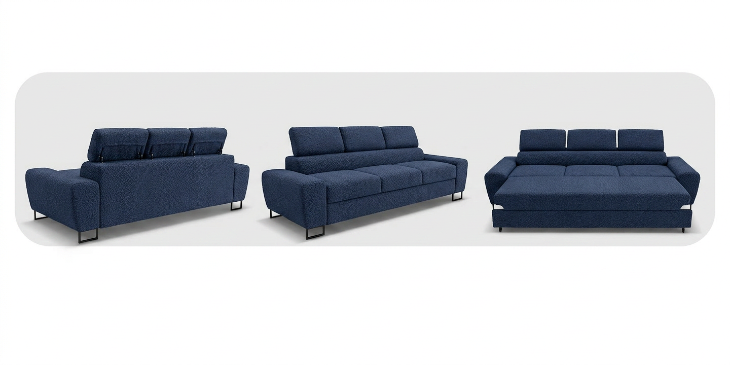 Kanapa sofa rozkładana f spania reg zagłówek Boucla granatowy Savio 3 os — widoki produktu