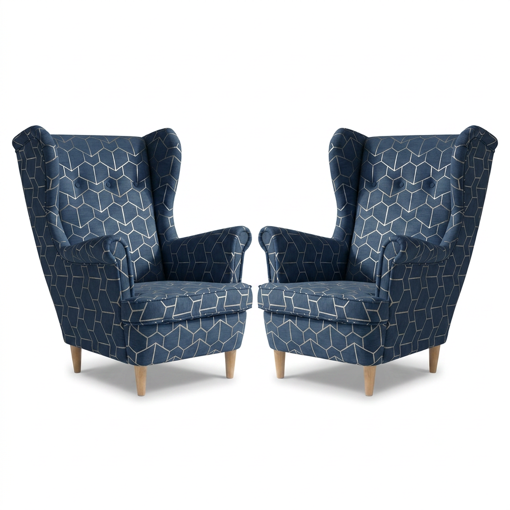 Fotele uszak skandynawskie niebieskie wzór welur pastel Design Family Meble - niebieski – Gabo 2