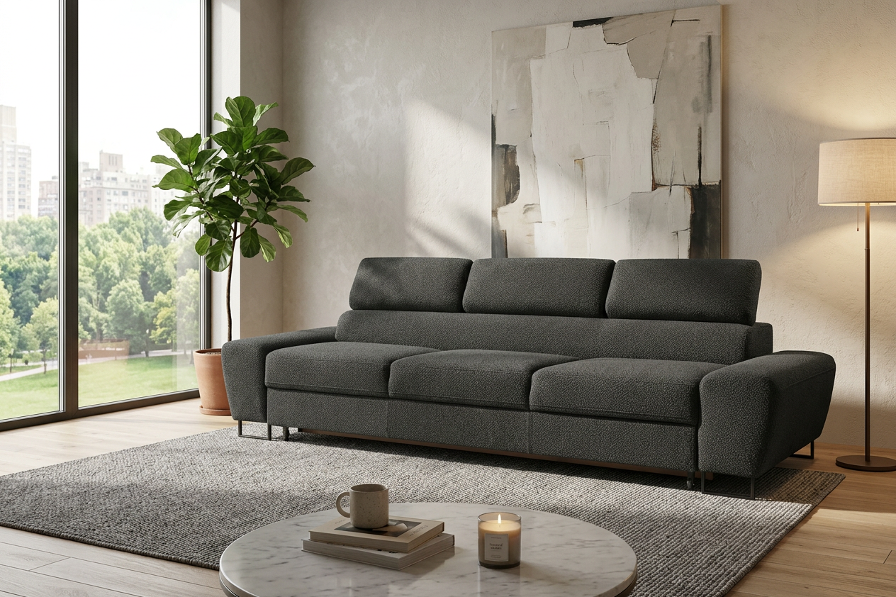Kanapa sofa rozkładana f spania reg zagłówek Boucla czarny Savio Family — komfort