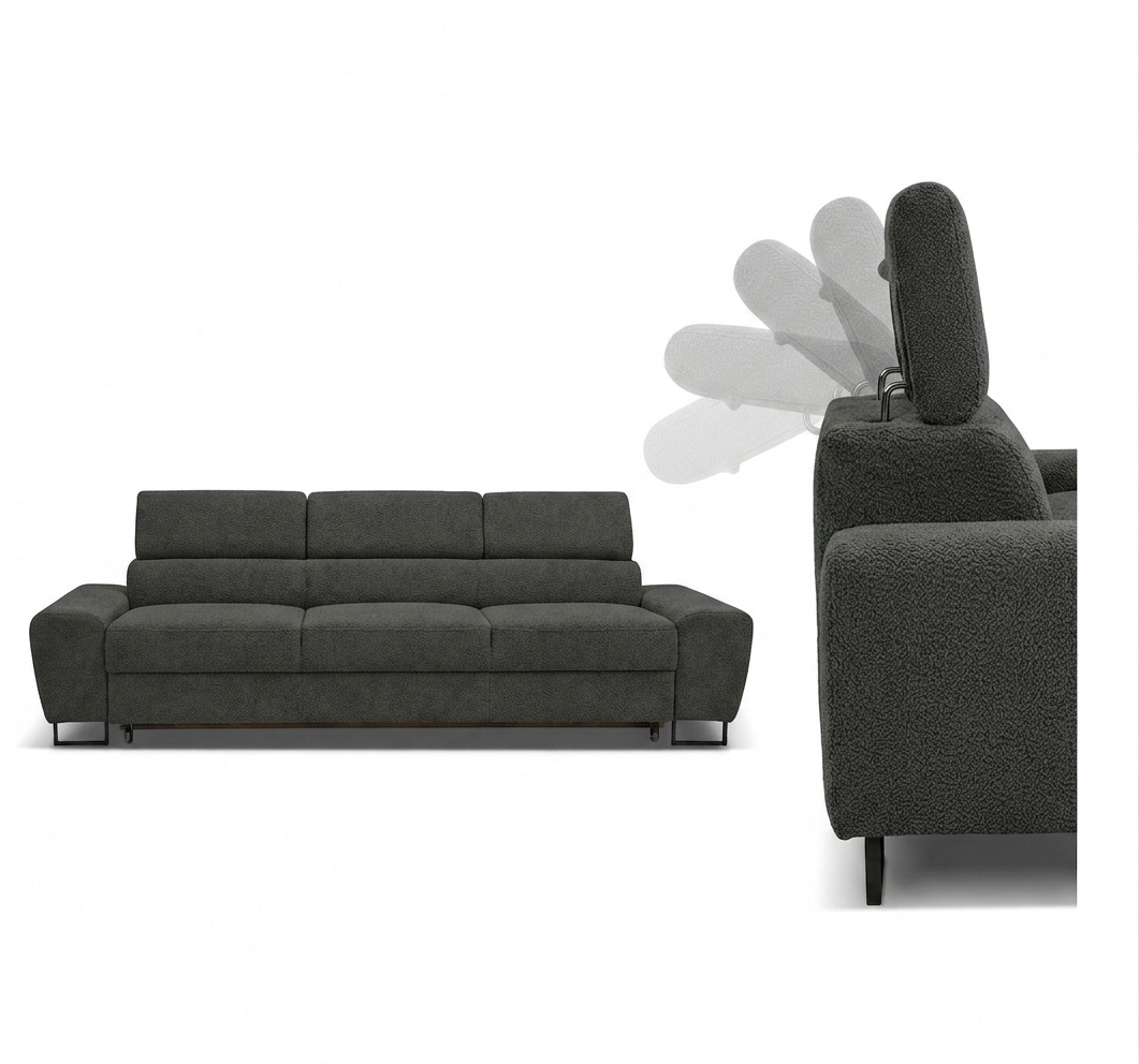 Kanapa sofa rozkładana f spania reg zagłówek Boucla czarny Savio Family — detale