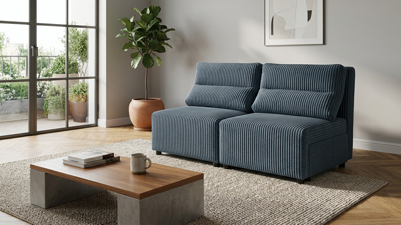 Kanapa 2 os sofa rozkładana spania pojemnik granatowy sztruks Kimo Family — komfort