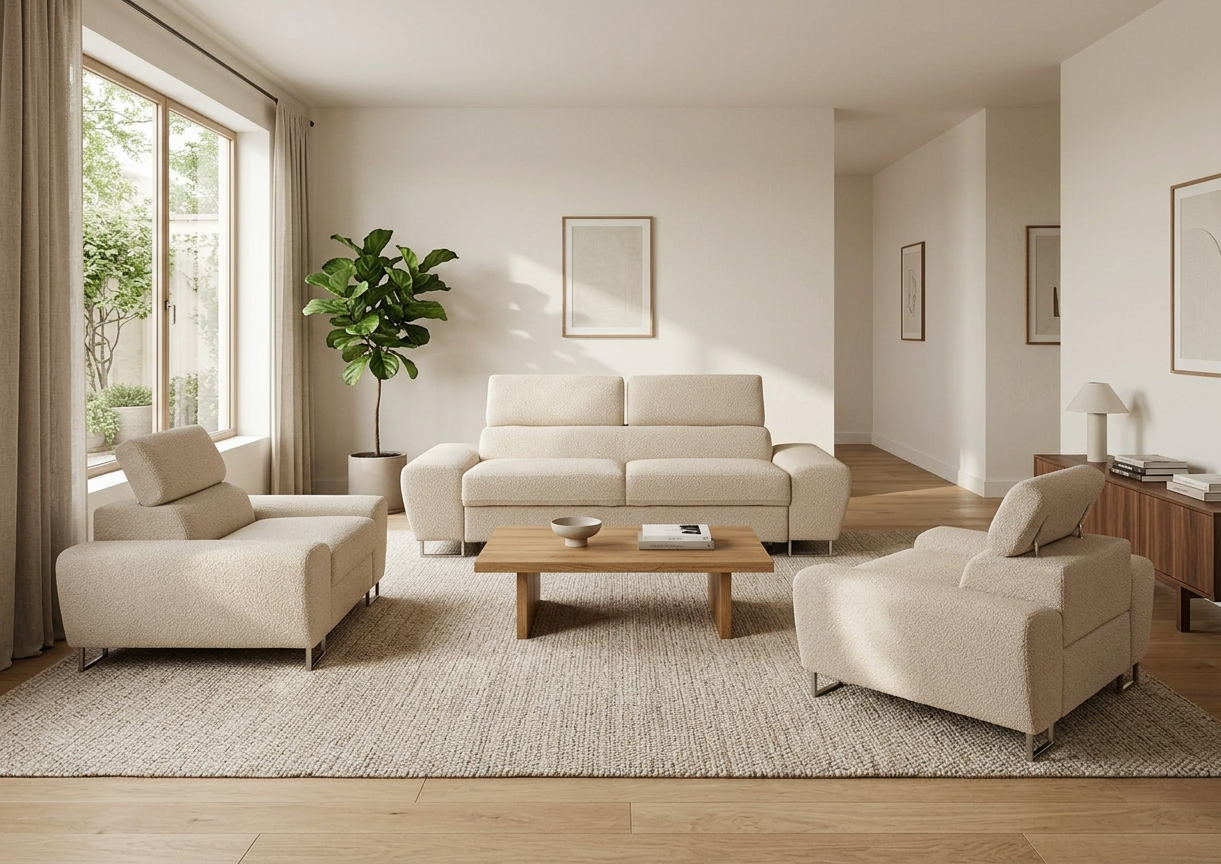 Zestaw wypoczynkowy sofa 2 fotele beżowy welur salonu Savio Family Meble — komfort