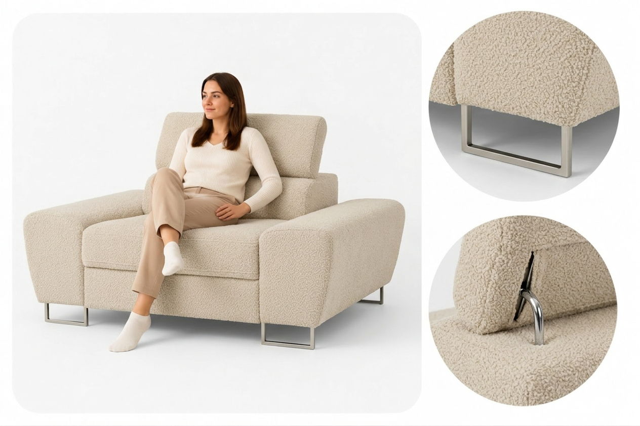 Zestaw wypoczynkowy sofa 2 fotele beżowy welur salonu Savio Family Meble — detale