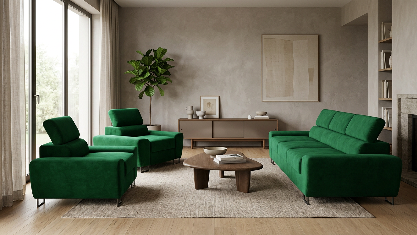 Zestaw wypoczynkowy sofa 3 kanapa fotele zielony welur Savio Family Meble — komfort