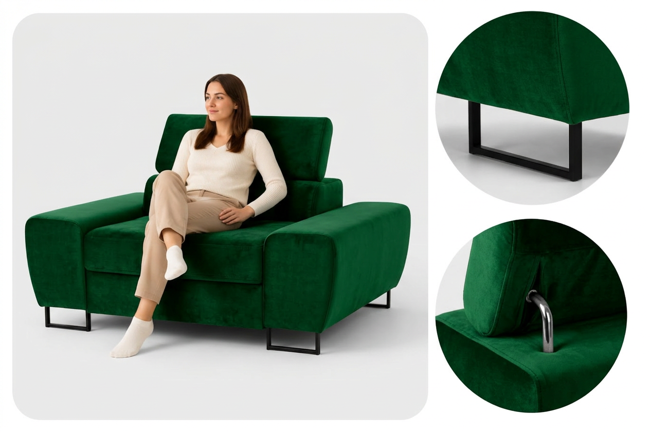 Zestaw wypoczynkowy sofa 3 kanapa fotele zielony welur Savio Family Meble — detale
