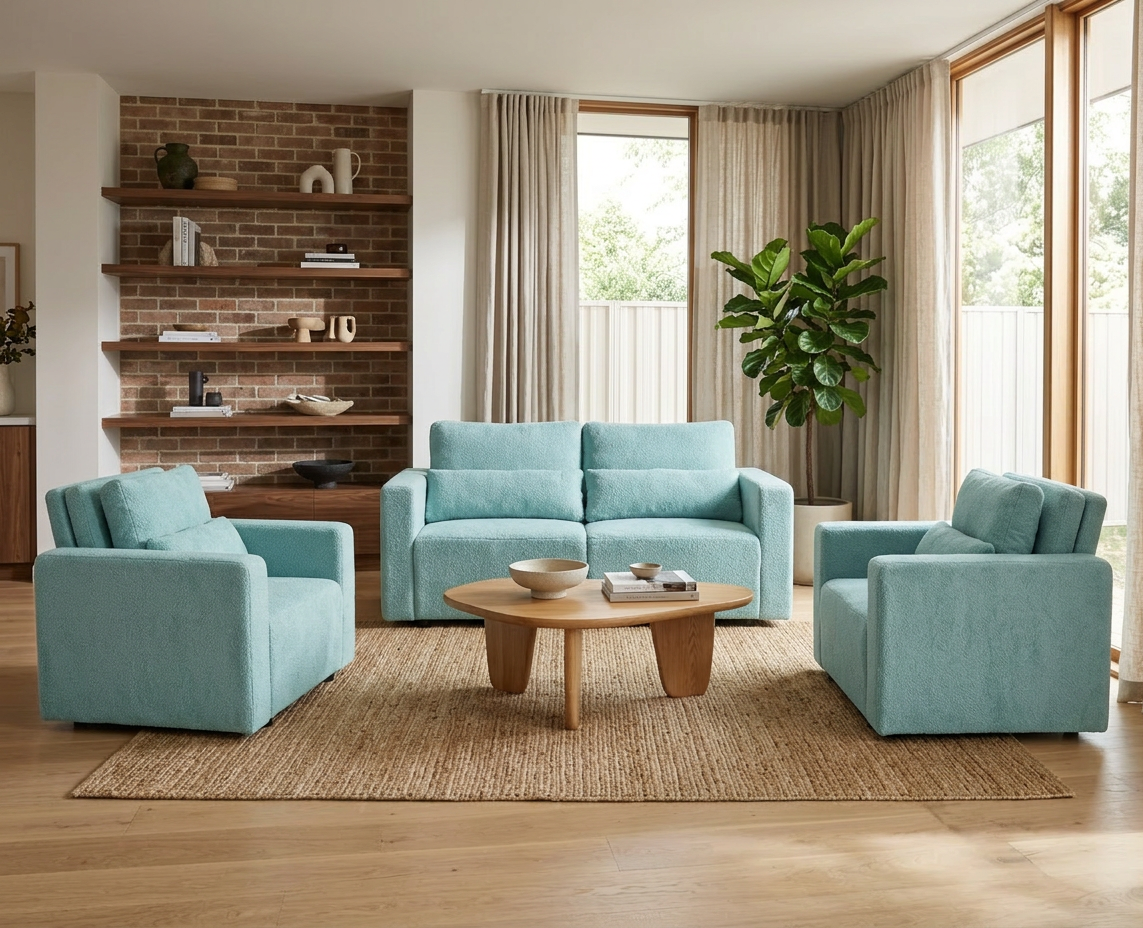 Zestaw wypoczynkowy sofa 2 kanapa fotele jasny niebieski Komo Family meble — komfort