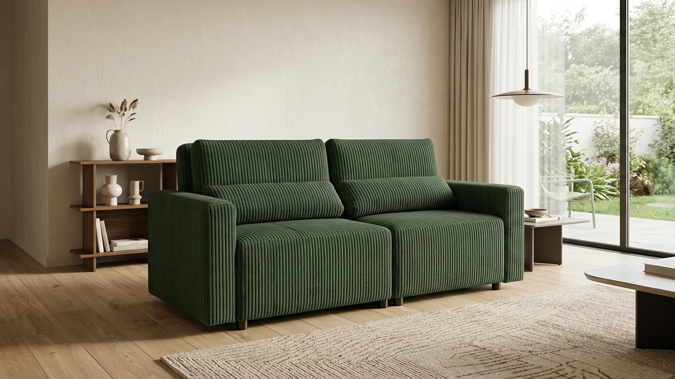 Kanapa 2 os sofa rozkładana spania pojemnik butelkowa zieleń sztruks Komo — komfort