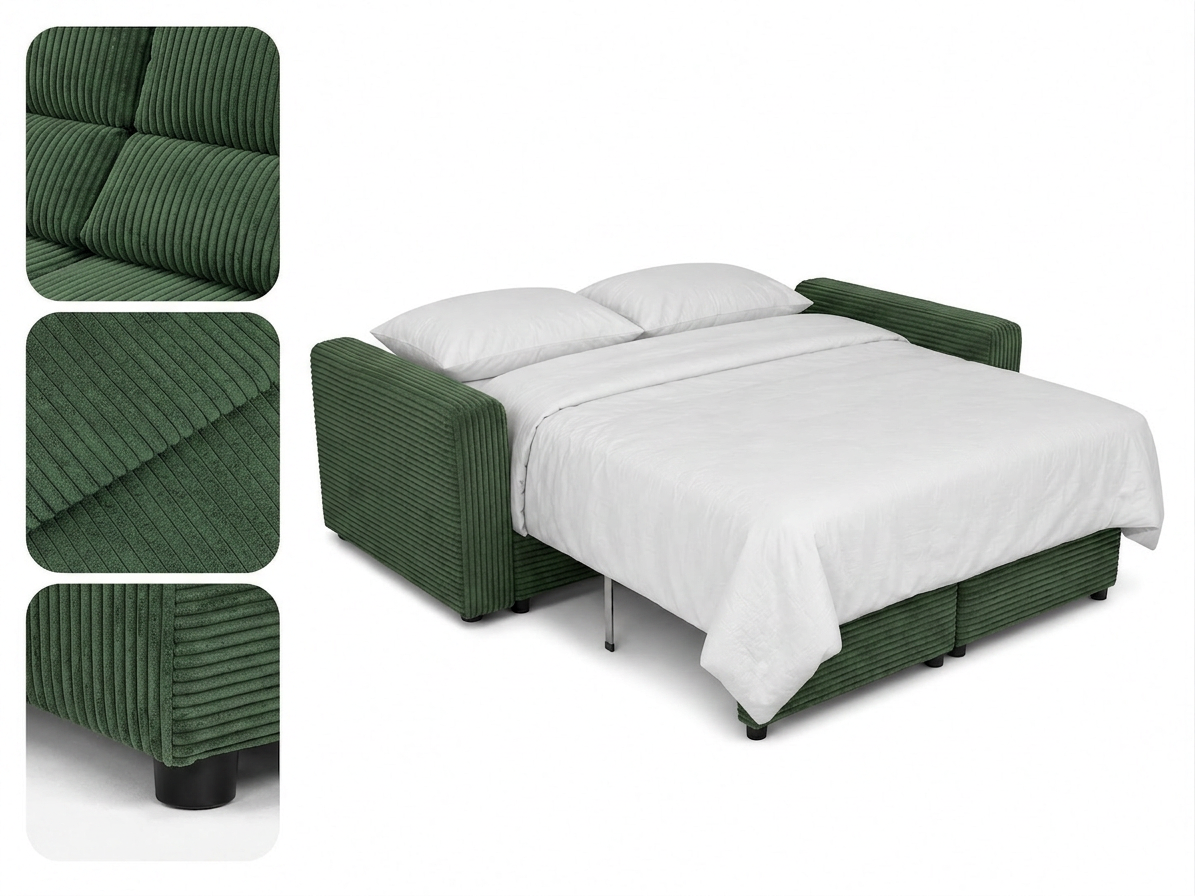 Kanapa 2 os sofa rozkładana spania pojemnik butelkowa zieleń sztruks Komo — detale