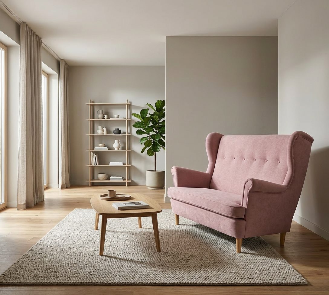 Sofa Kanapa Uszak Skandynawska różowa welurowa miła dotyku Ari Family Meble — komfort