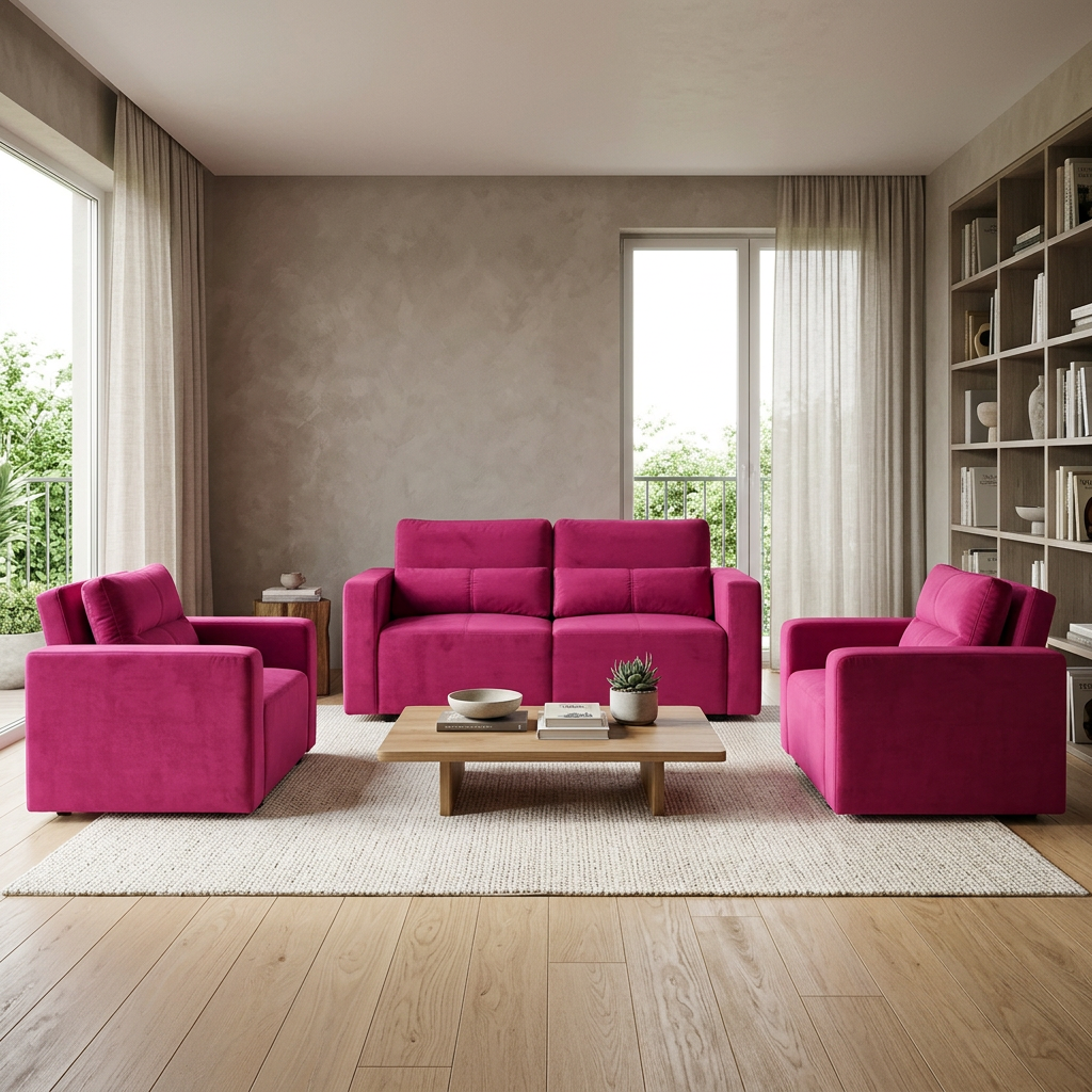 Zestaw wypoczynkowy kanapa sofa rozkładana 2 fotele różowy welur Komo — komfort