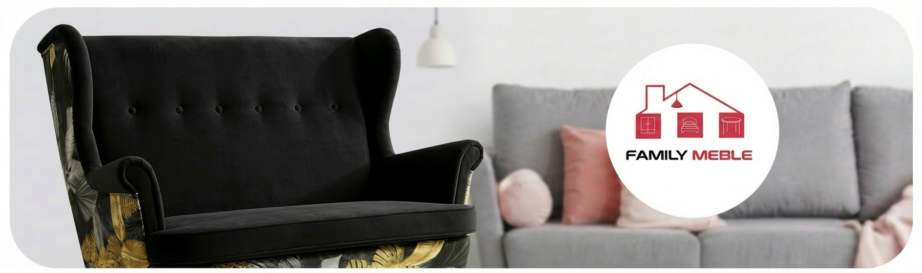 Family Meble — Sofa Kanapa Uszak Skandynawska Czarny monstera welur Print Family Meble