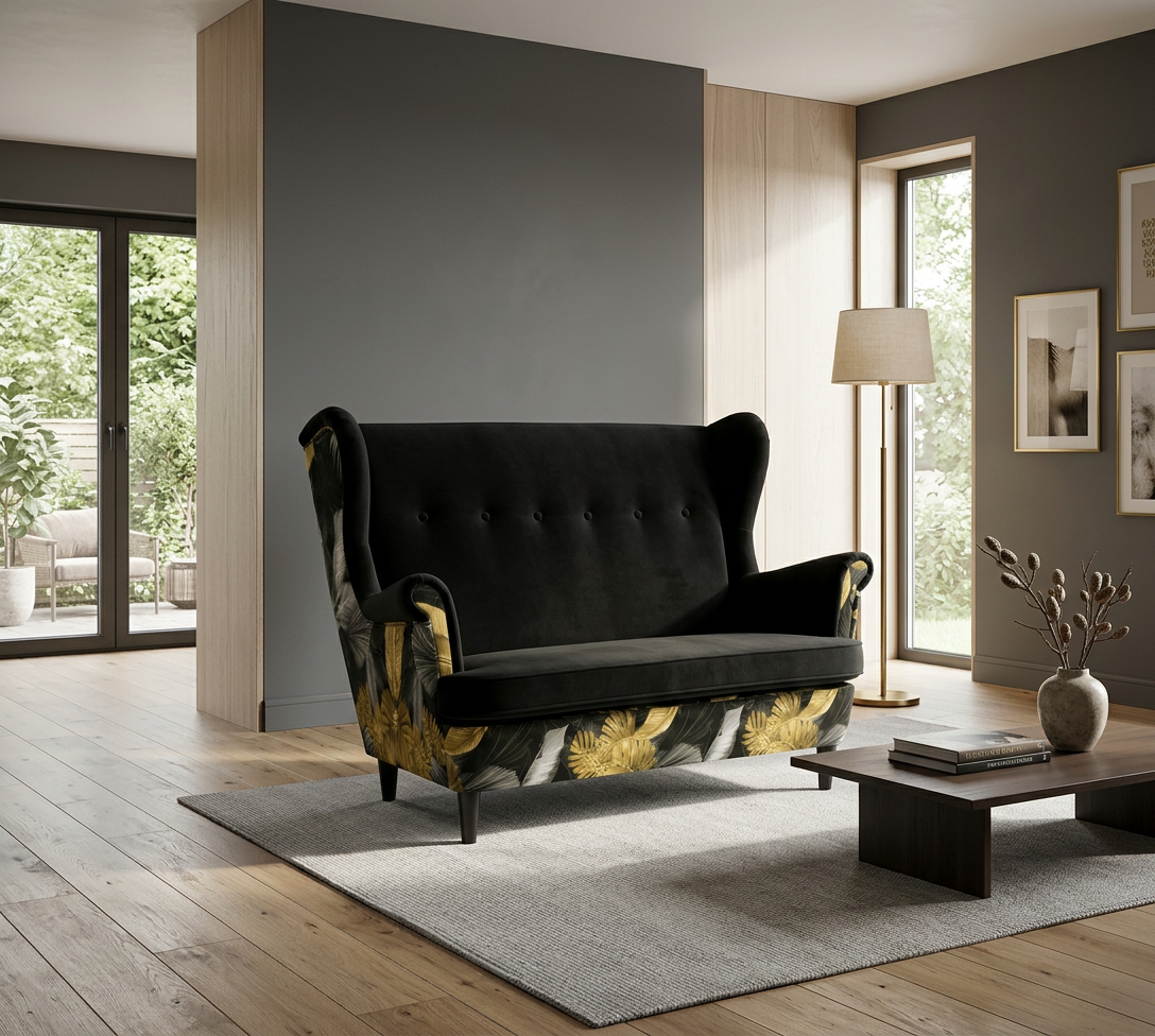 Sofa Kanapa Uszak Skandynawska Czarny monstera welur Print Family Meble — komfort