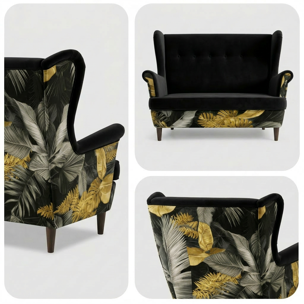 Sofa Kanapa Uszak Skandynawska Czarny monstera welur Print Family Meble — detale