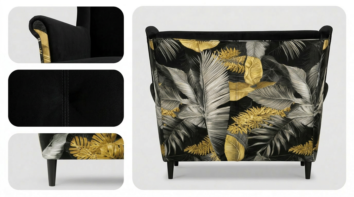 Sofa Kanapa Uszak Skandynawska Czarny monstera welur Print Family Meble — widoki i detale
