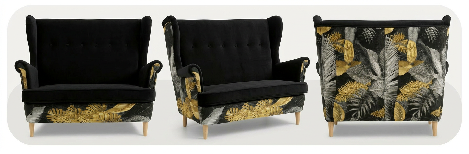 Sofa Kanapa Uszak Skandynawska Czarny monstera welur Print Family Meble — widoki produktu
