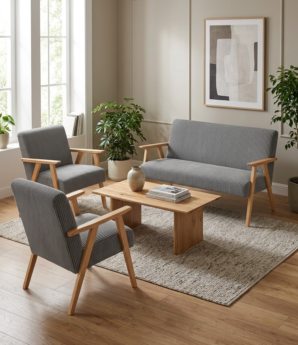 Zestaw wypoczynkowy sofa 2-os 2 fotele retro vintage welur szary Soler — komfort