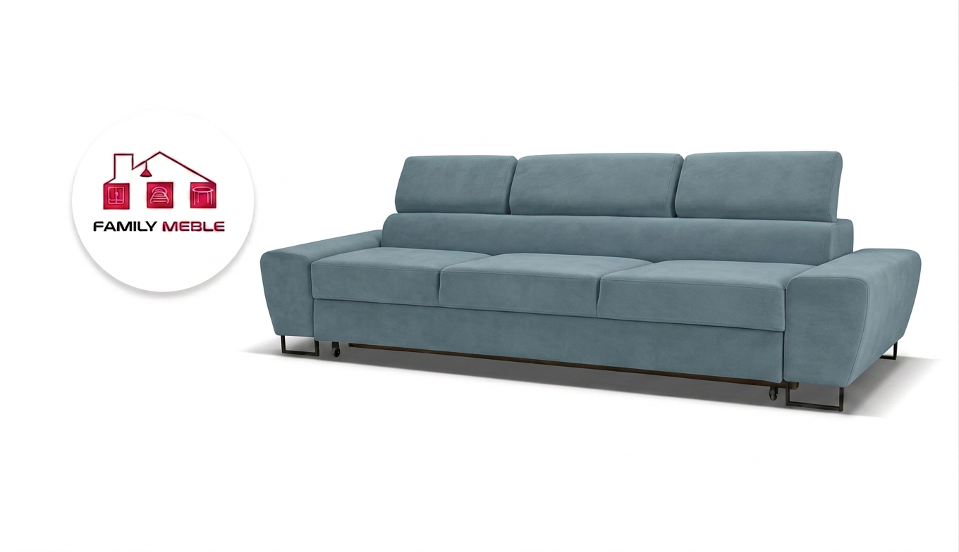 Family Meble — Kanapa sofa rozkładana f spania reg zagłówek welur niebieski Savio 3 os
