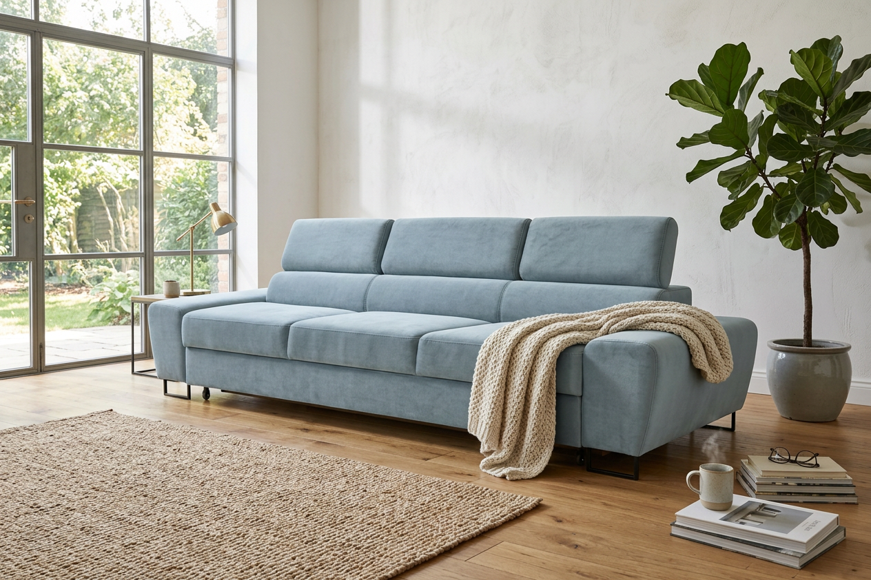 Kanapa sofa rozkładana f spania reg zagłówek welur niebieski Savio 3 os — komfort