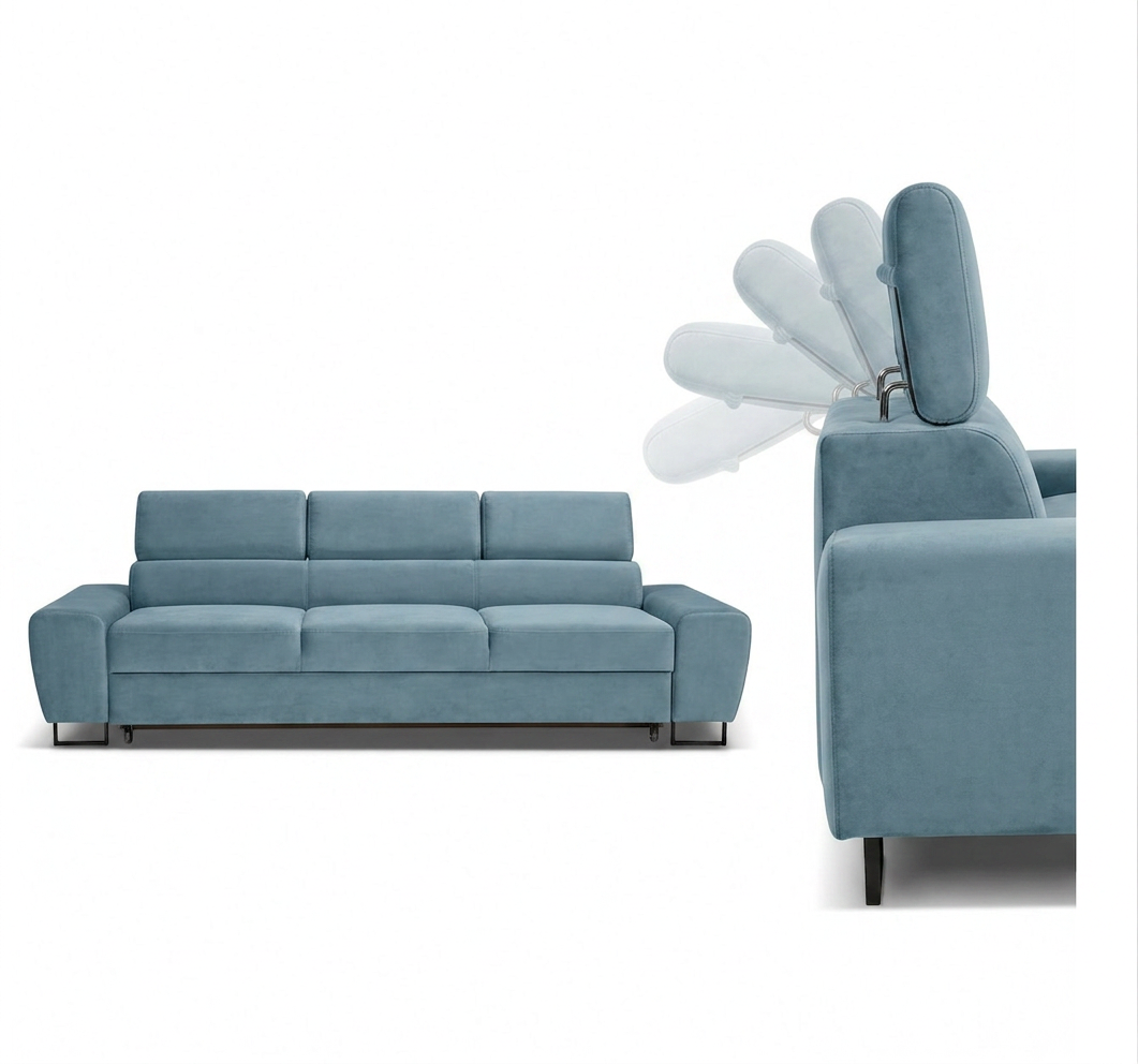 Kanapa sofa rozkładana f spania reg zagłówek welur niebieski Savio 3 os — detale