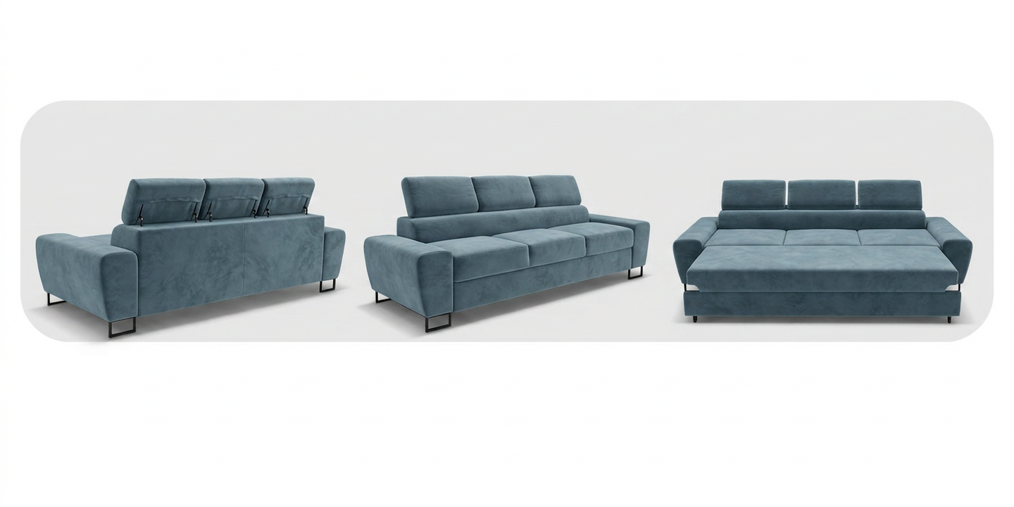 Kanapa sofa rozkładana f spania reg zagłówek welur niebieski Savio 3 os — widoki produktu