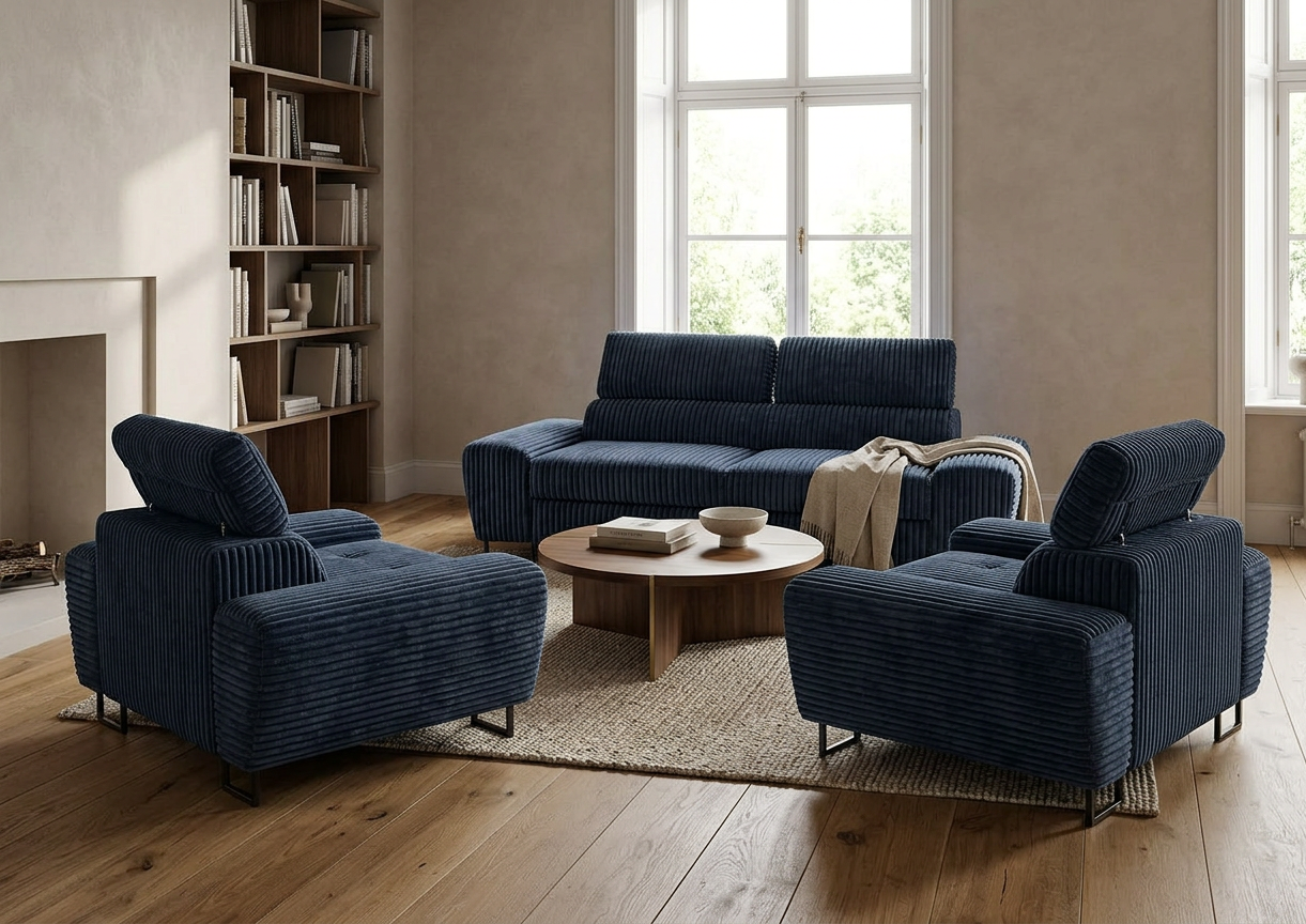Zestaw wypoczynkowy sofa kanapa 2 fotele granatowy sztruks Savio Family — komfort