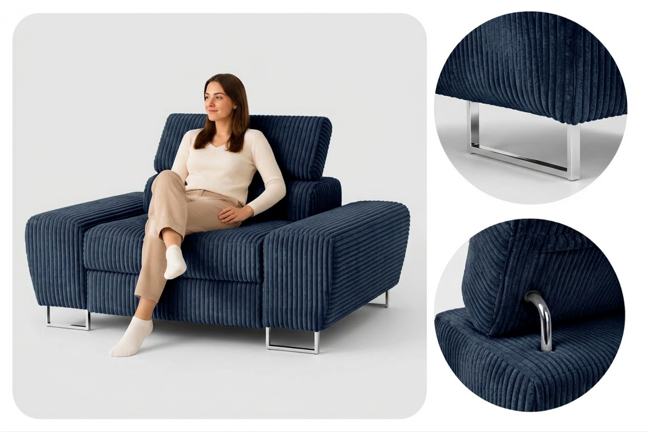 Zestaw wypoczynkowy sofa kanapa 2 fotele granatowy sztruks Savio Family — detale