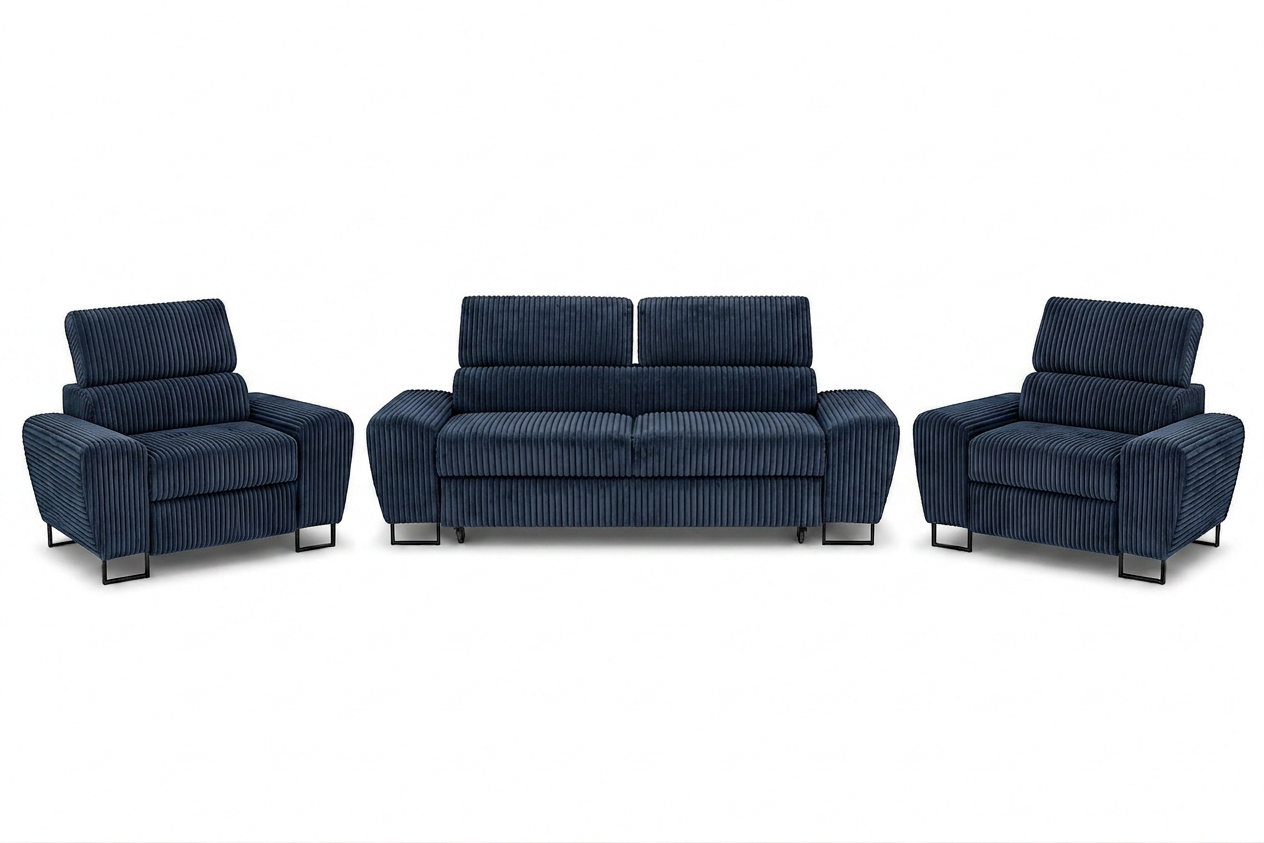 Zestaw wypoczynkowy sofa kanapa 2 fotele granatowy sztruks Savio Family — widoki produktu