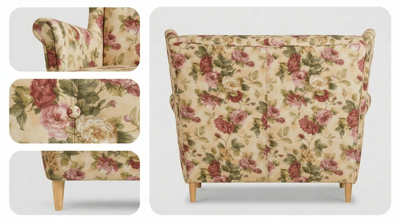 Sofa Kanapa Uszak Skandynawska Róże Angielskie Kwiat Beż welur Family Meble — widoki i detale