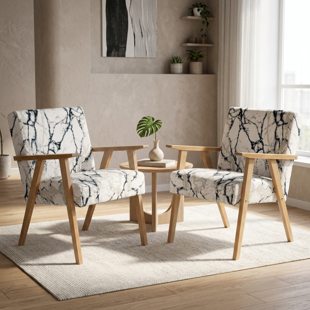 Zestaw 2 foteli w stylu PRL retro krzesło vintage biały marmur Soler Family — komfort
