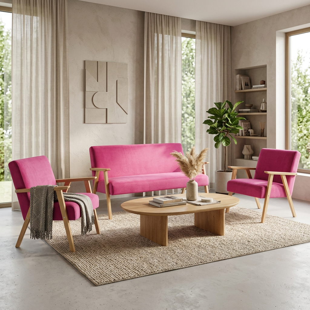 Zestaw wypoczynkowy sofa 2-os 2 fotele retro vintage różowy Soler Family — komfort