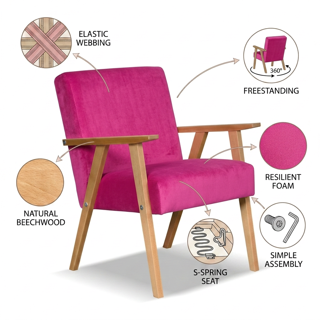 Zestaw wypoczynkowy sofa 2-os 2 fotele retro vintage różowy Soler Family — detale