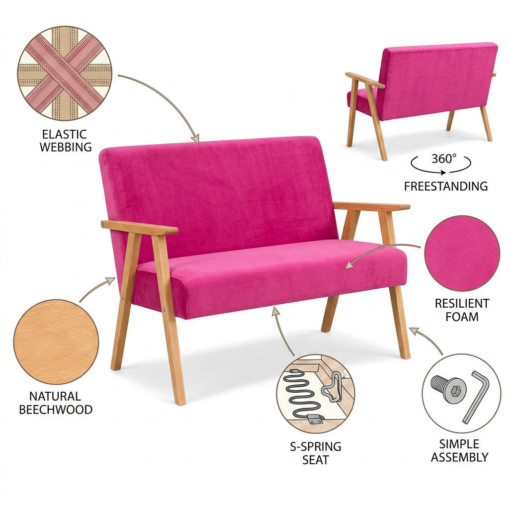 Zestaw wypoczynkowy sofa 2-os 2 fotele retro vintage różowy Soler Family — widoki i detale