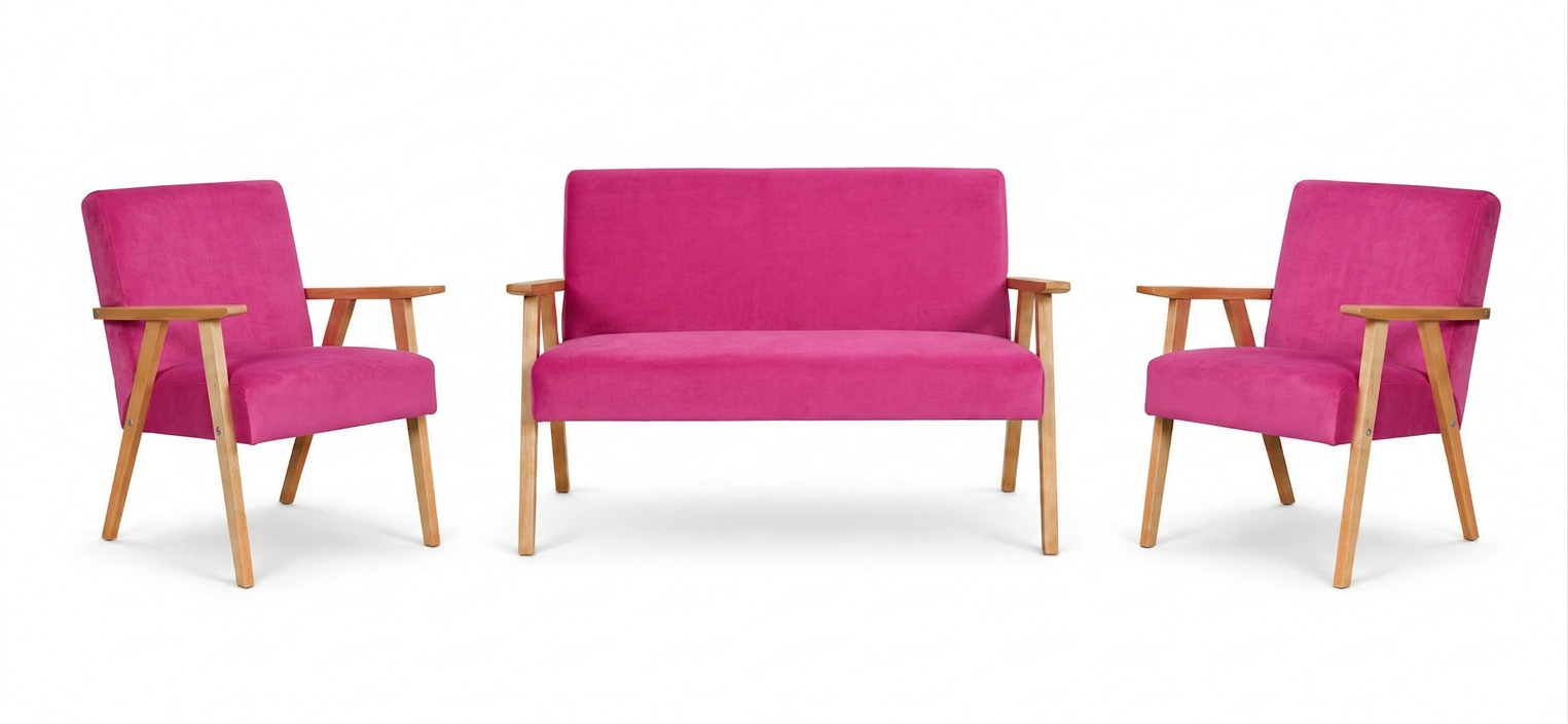 Zestaw wypoczynkowy sofa 2-os 2 fotele retro vintage różowy Soler Family — widoki produktu