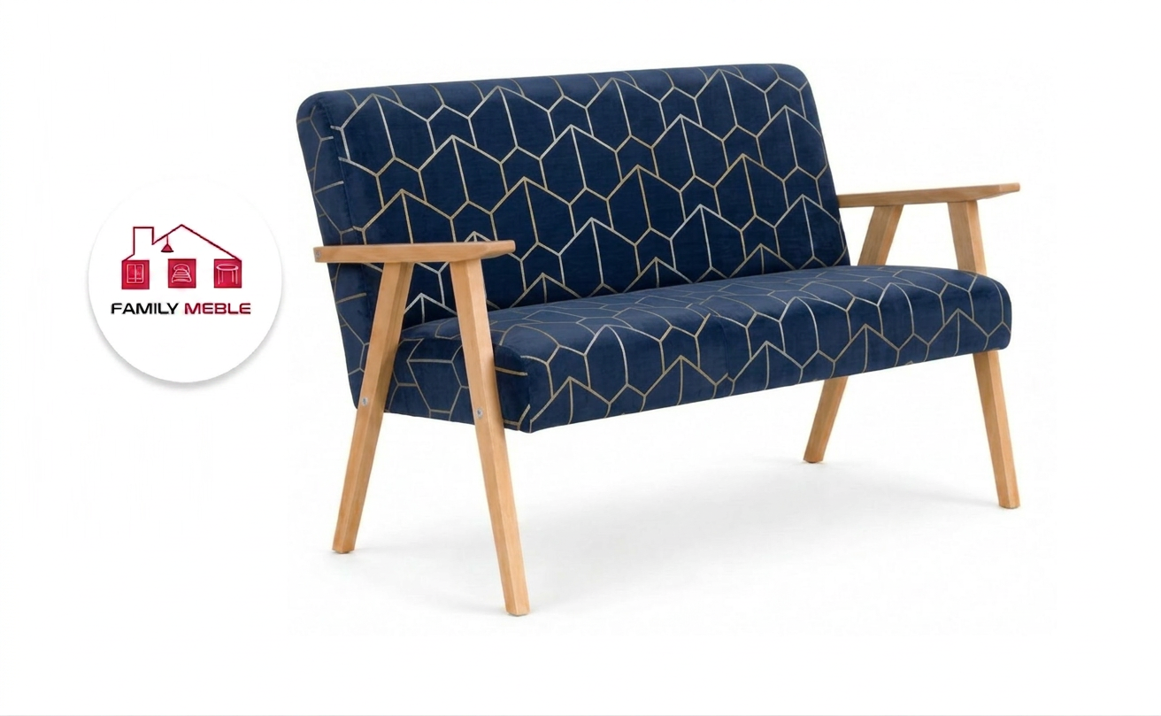 Family Meble — Sofa w stylu PRL retro kanapa vintage welur niebieski Soler Family Meble