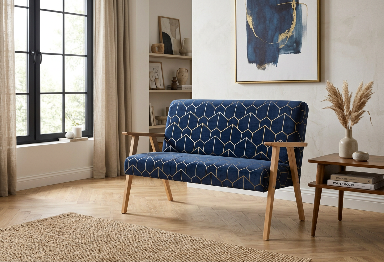 Sofa w stylu PRL retro kanapa vintage welur niebieski Soler Family Meble — komfort