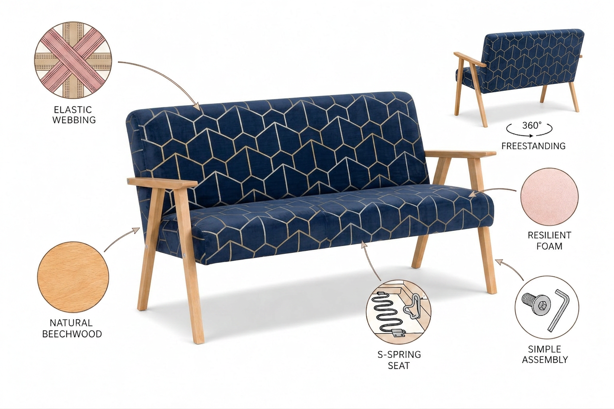 Sofa w stylu PRL retro kanapa vintage welur niebieski Soler Family Meble — detale