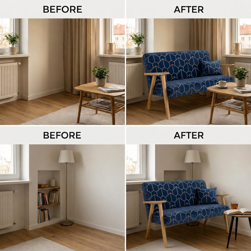 Sofa w stylu PRL retro kanapa vintage welur niebieski Soler Family Meble — widoki i detale