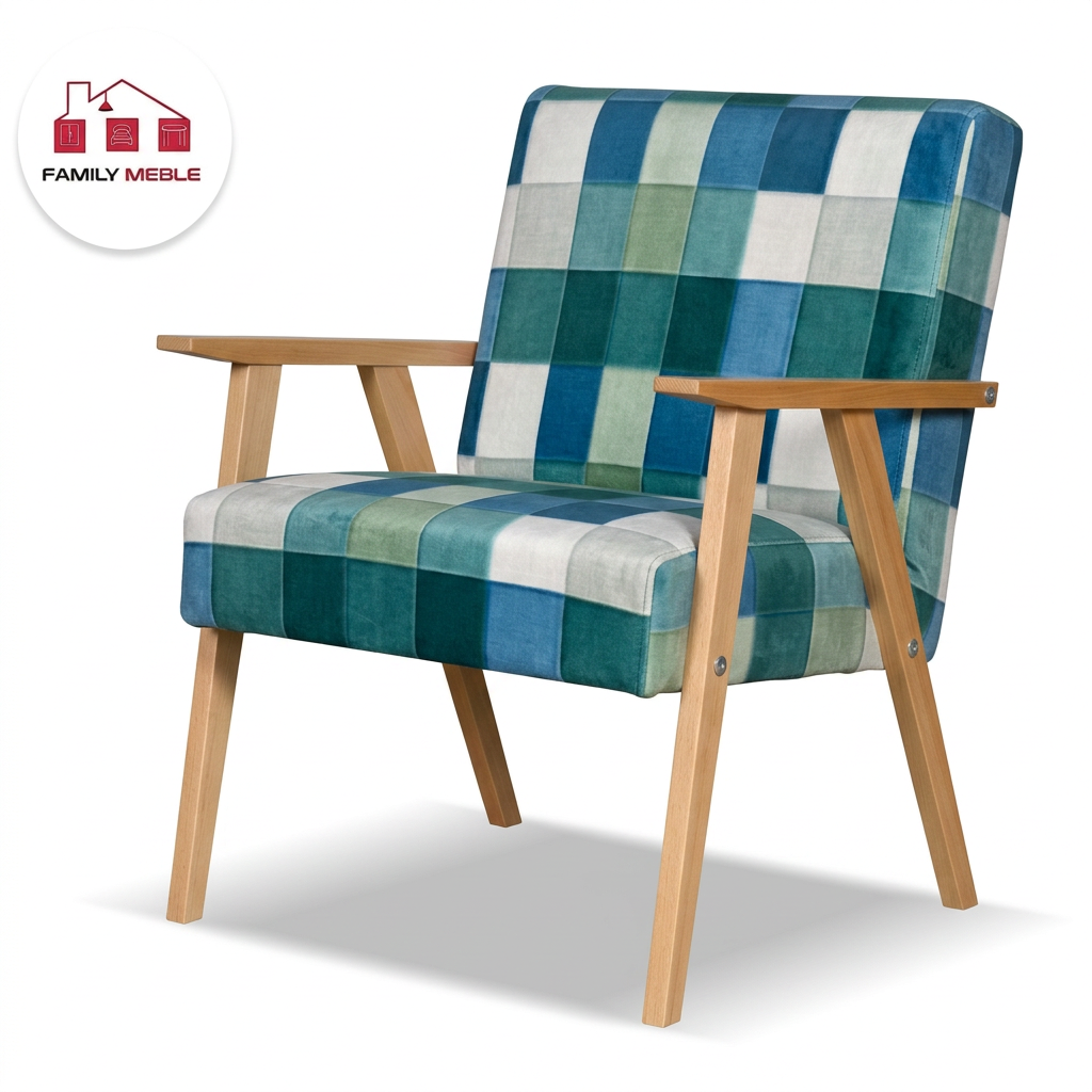 Family Meble — Fotel w stylu PRL retro krzesło vintage szkocka krata niebieska Soler