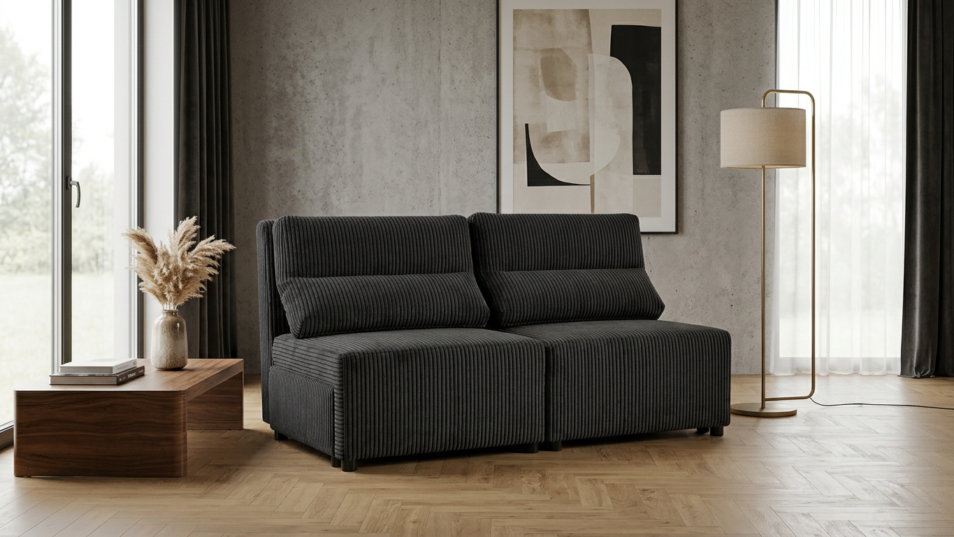 Kanapa 2 os sofa rozkładana spania pojemnik czarny sztruks sztruks KIMO — komfort