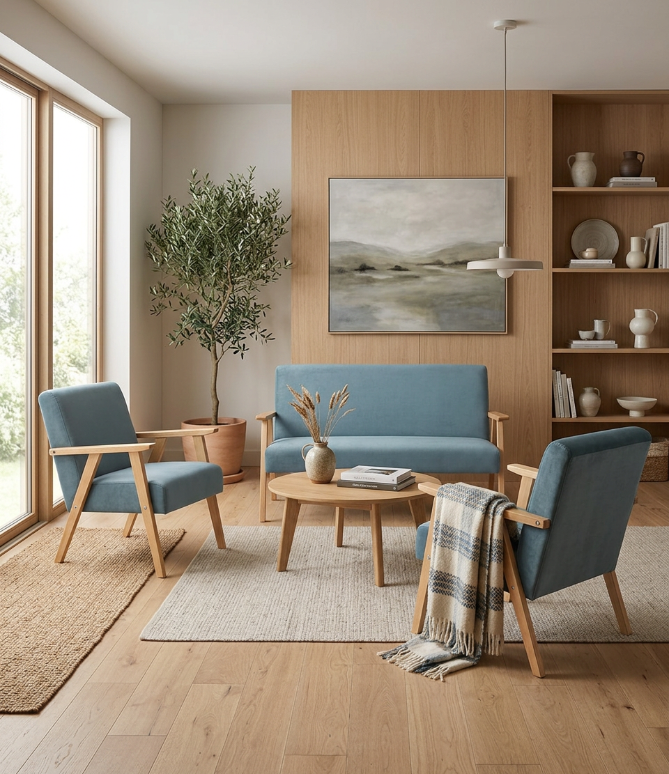 Zestaw wypoczynkowy sofa 2-os 2 fotele retro welur niebieski Soler Family — komfort