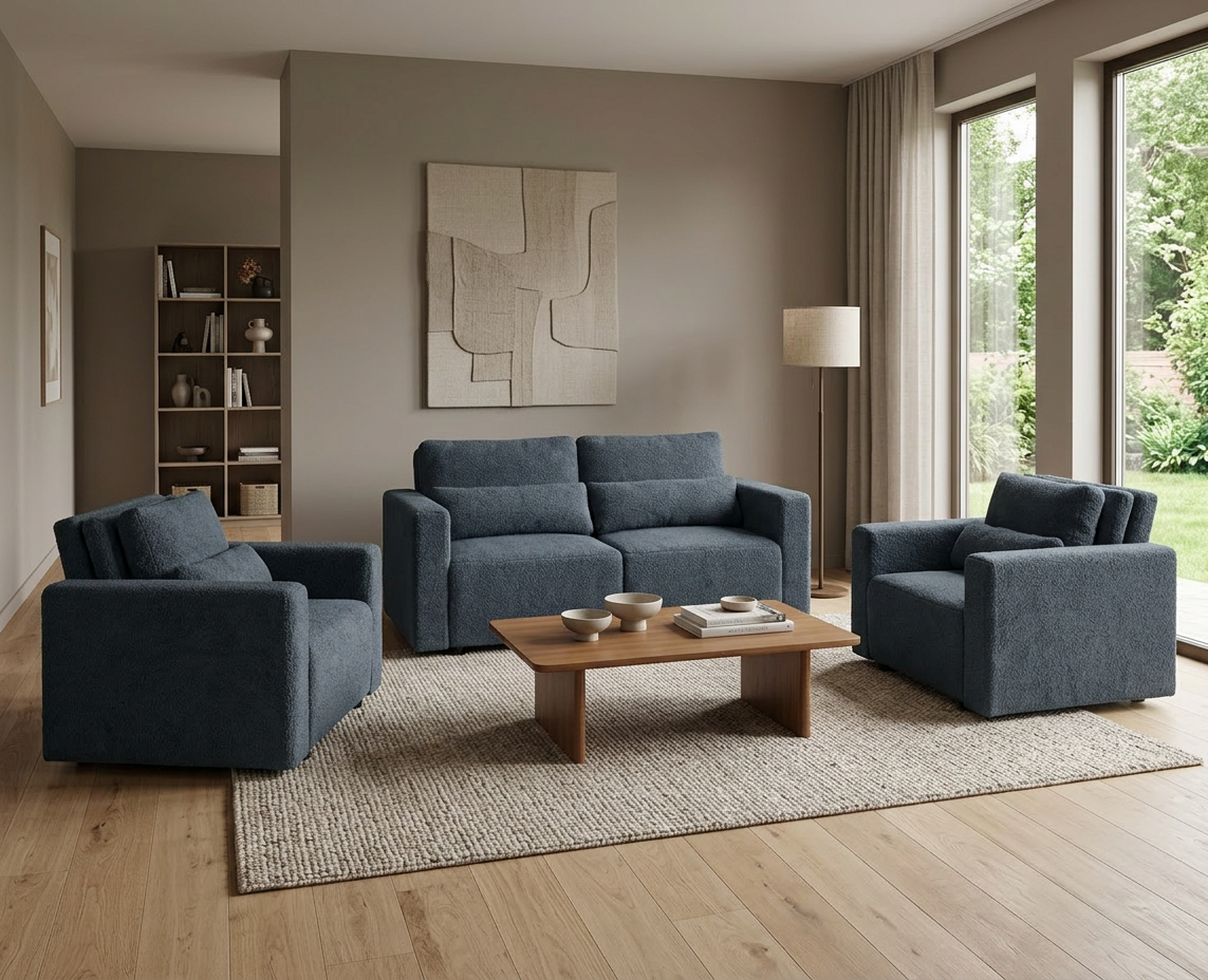 Zestaw wypoczynkowy sofa 2 kanapa fotele salon niebieski Komo Family meble — komfort