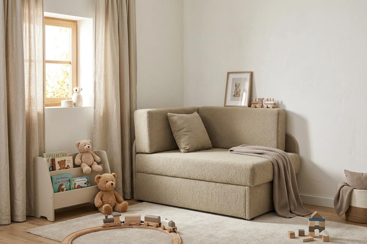 Łóżko dziecięce sofa kanapa rozkładana pojemnik Denis beżowy Family Meble — komfort