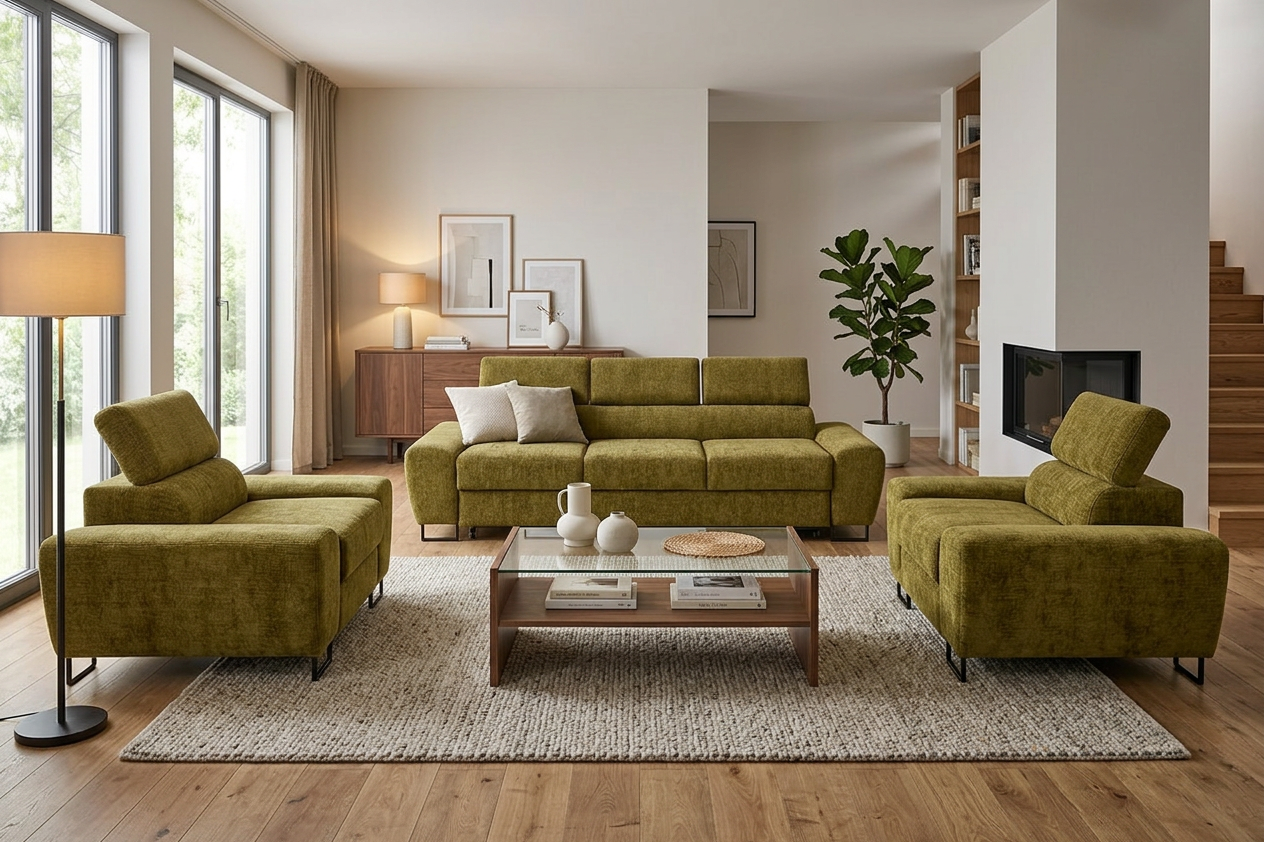 Zestaw wypoczynkowy sofa 3 kanapa fotele zielony szenil Savio Family Meble — komfort