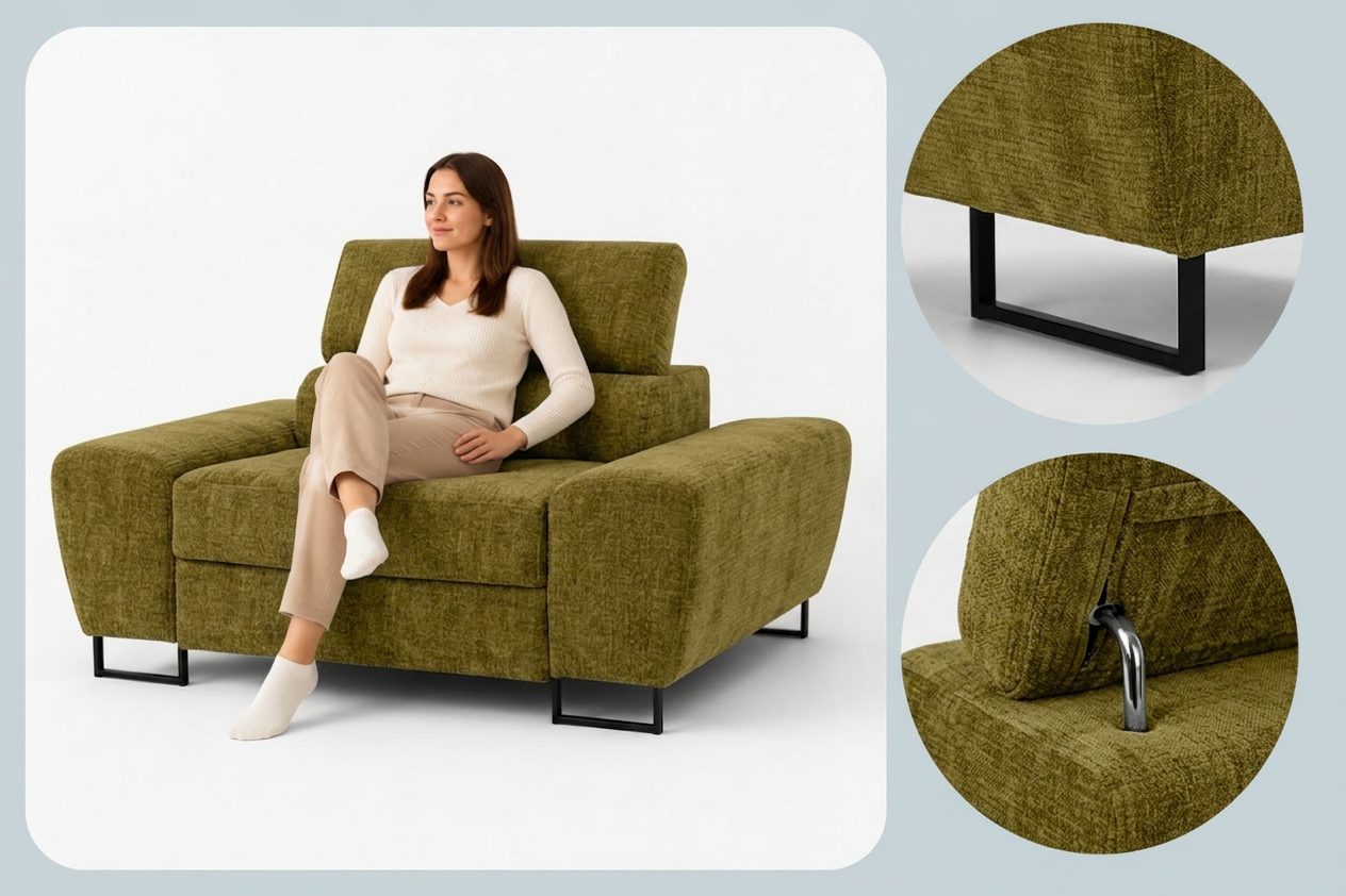 Zestaw wypoczynkowy sofa 3 kanapa fotele zielony szenil Savio Family Meble — detale