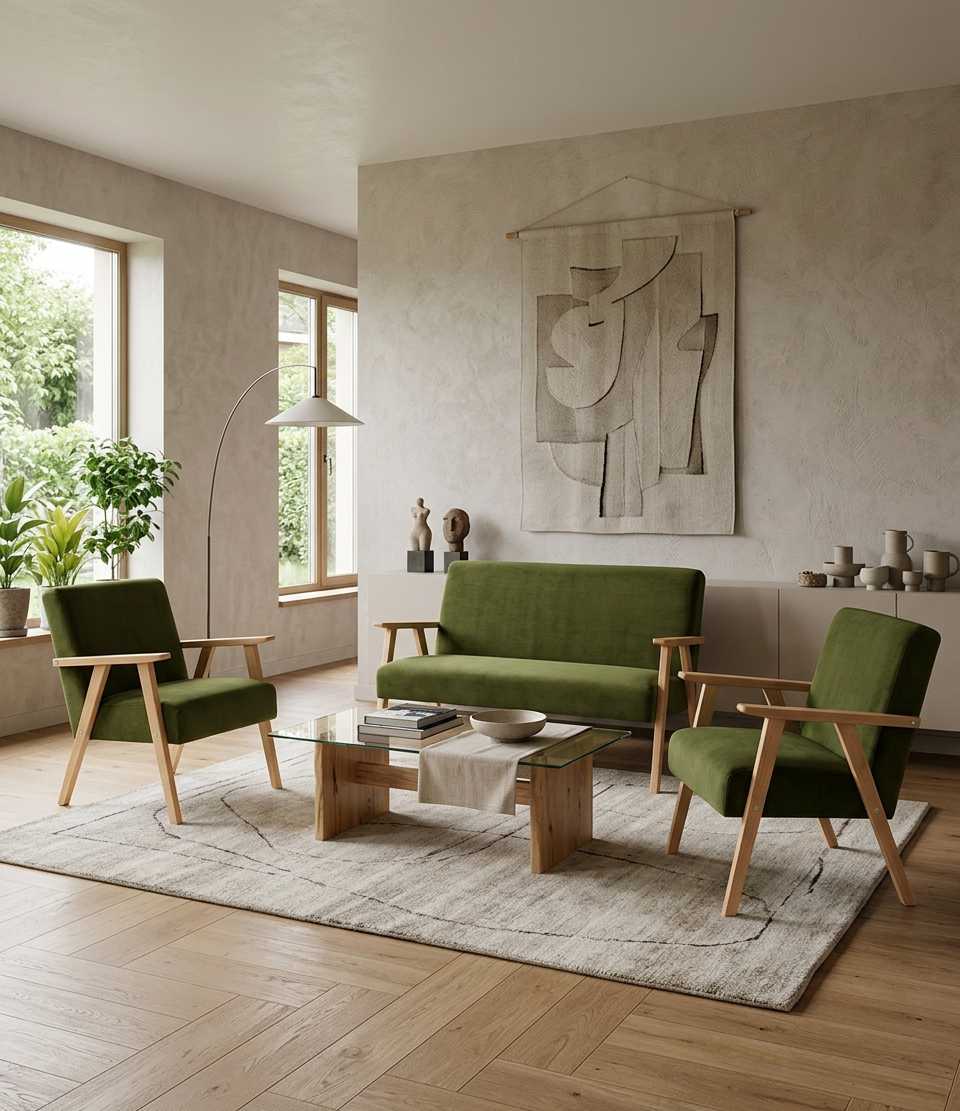 Zestaw wypoczynkowy sofa 2-os 2 fotele zielony khaki Soler Family Meble — komfort